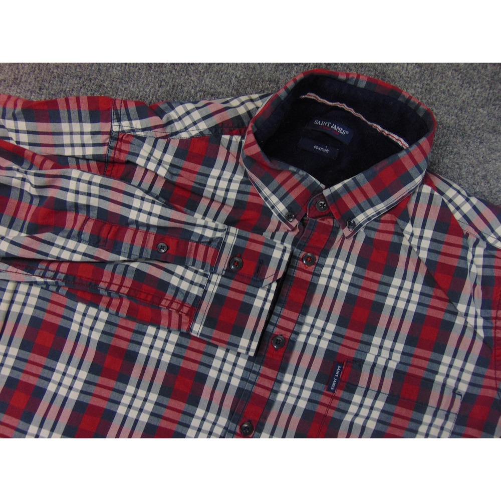 Saint James Shirt Mens Large Red Blue Plaid Button Down Long Sleeve Casual